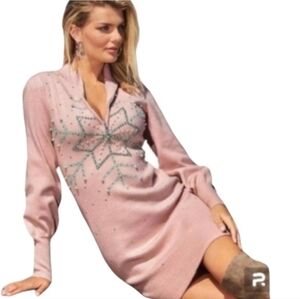 Boston Proper Pink Sweater Mini Dress With Snowflake Detail sz S